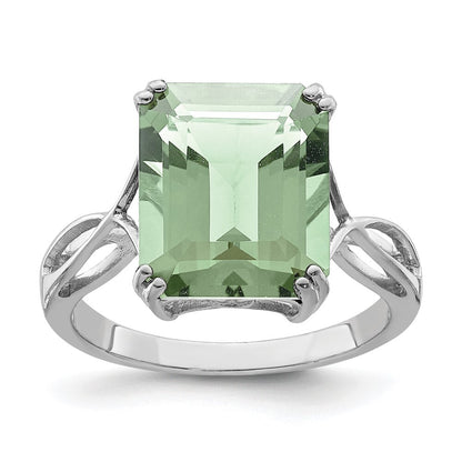 Sterling Silver Rhodium Octagonal Green Quartz Ring Size 7