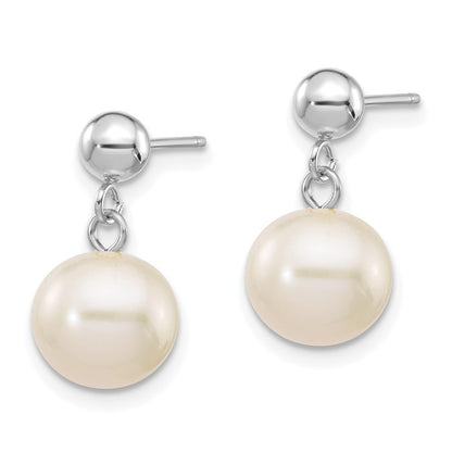 14k White Gold 8-8.5mm White Round Freshwater Cultured Pearl Dangle Earrings