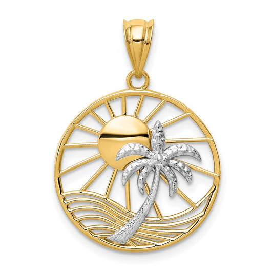 14k Two-tone Gold Sun and Palm Tree Pendant for Women