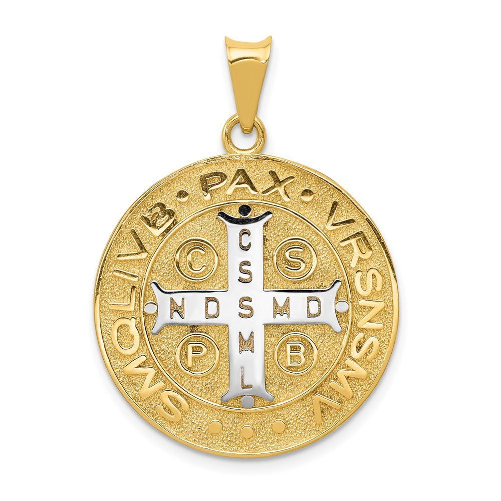 14k Yellow Gold With Rhodium Circle St. Benedict Medal Pendant