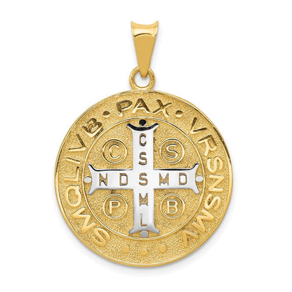 14k Yellow Gold With Rhodium Circle St. Benedict Medal Pendant