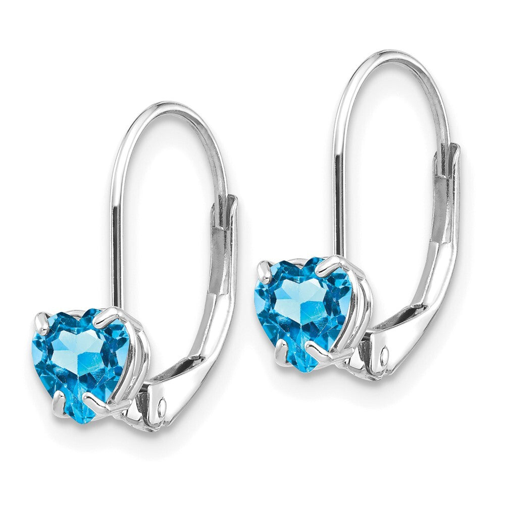 14k White Gold 5mm Heart Blue Topaz Dangle Earrings Leverback Gift for Women