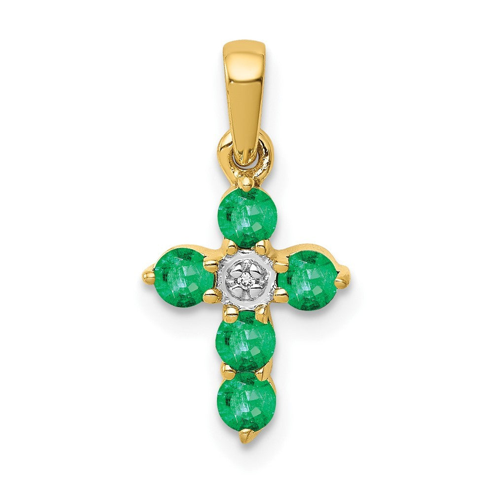 14k Yellow Gold Emerald and Diamond Cross Pendant