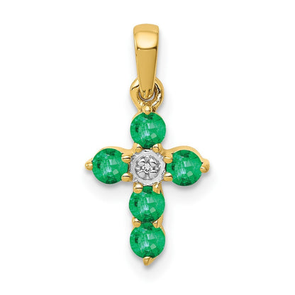 14k Yellow Gold Emerald and Diamond Cross Pendant