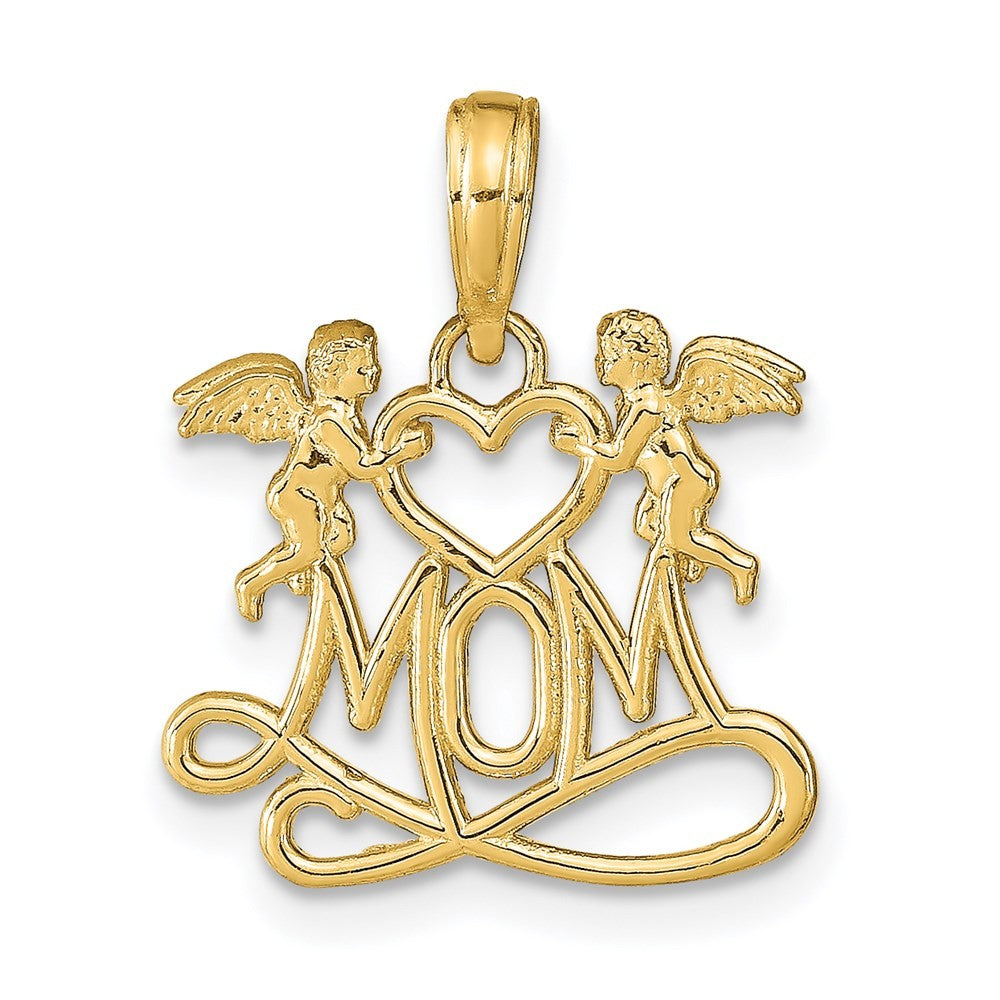 14k Yellow Gold Polished MOM with Heart and Angels Pendant