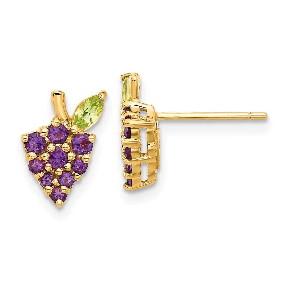 14k Yellow Gold Gold Amethyst and Peridot Grapes Stud Earrings Gift for Women