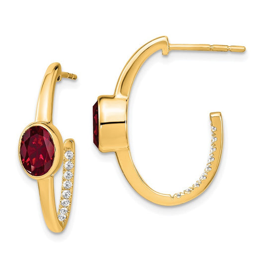 14k Yellow Gold Oval Created Ruby and Diamond J-Hoop Earrings