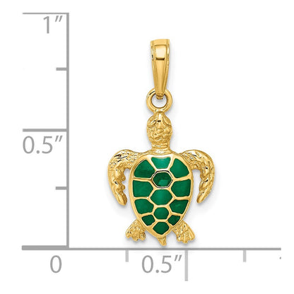 14k Yellow Gold Green Enameled Sea Turtle Pendant for Women