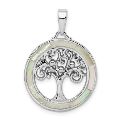 Sterling Silver Rhodium-plated White MOP Tree of Life Pendant