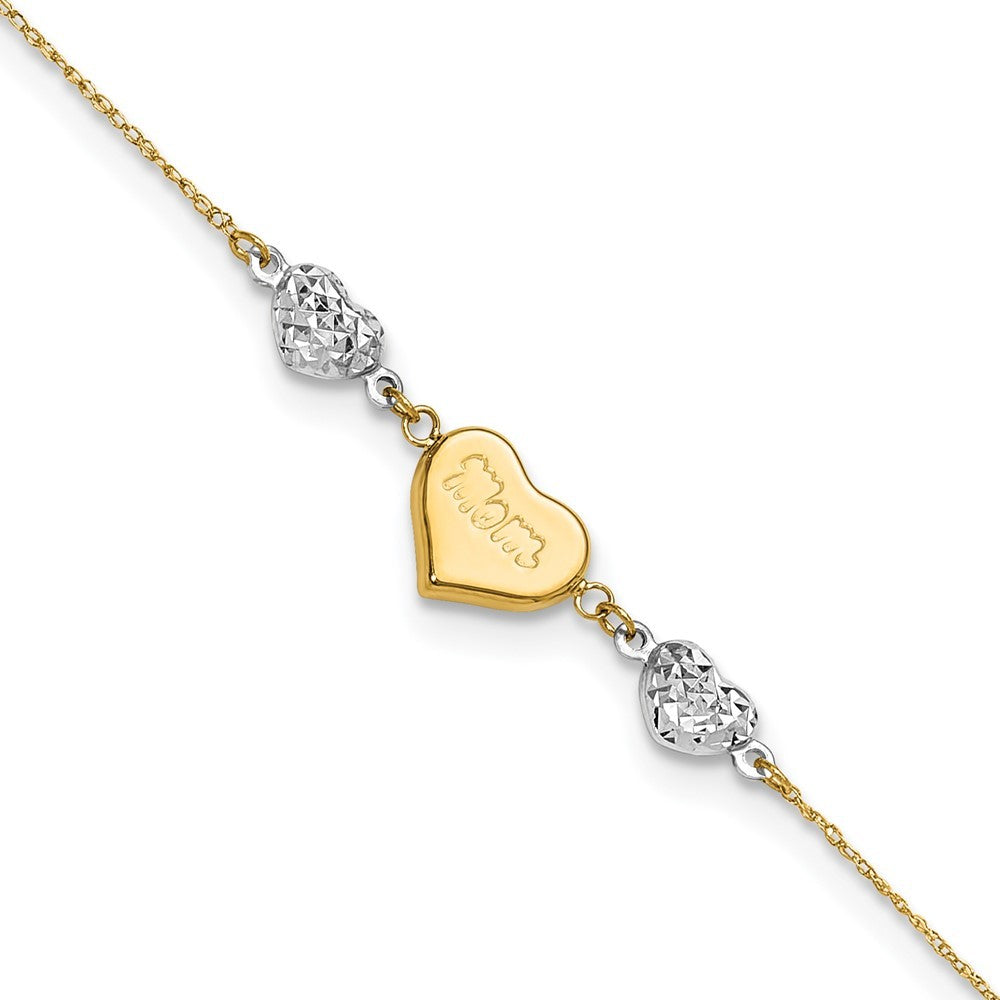 14K Two-tone Diamond-cut and MOM Puffed Heart 10" Anklet