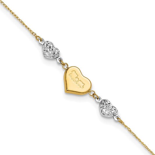 14K Two-tone Diamond-cut and MOM Puffed Heart 10" Anklet