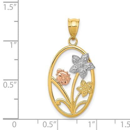 14k Two-tone Gold White Rhodium Diamond-cut Oval Floral Pendant