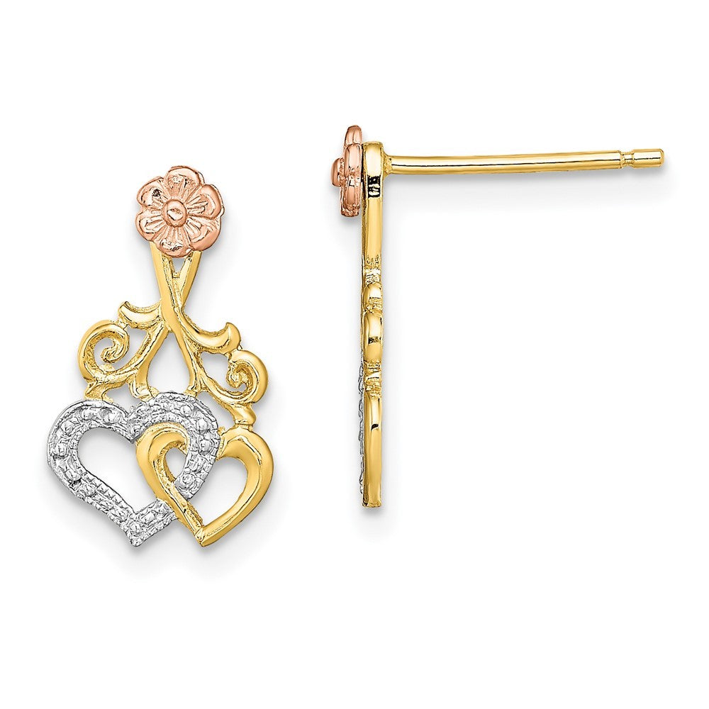 14k Two-tone Gold w/White Rhodium Hearts and Flower Earrings