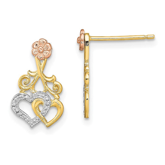 14k Two-tone Gold w/White Rhodium Hearts and Flower Earrings