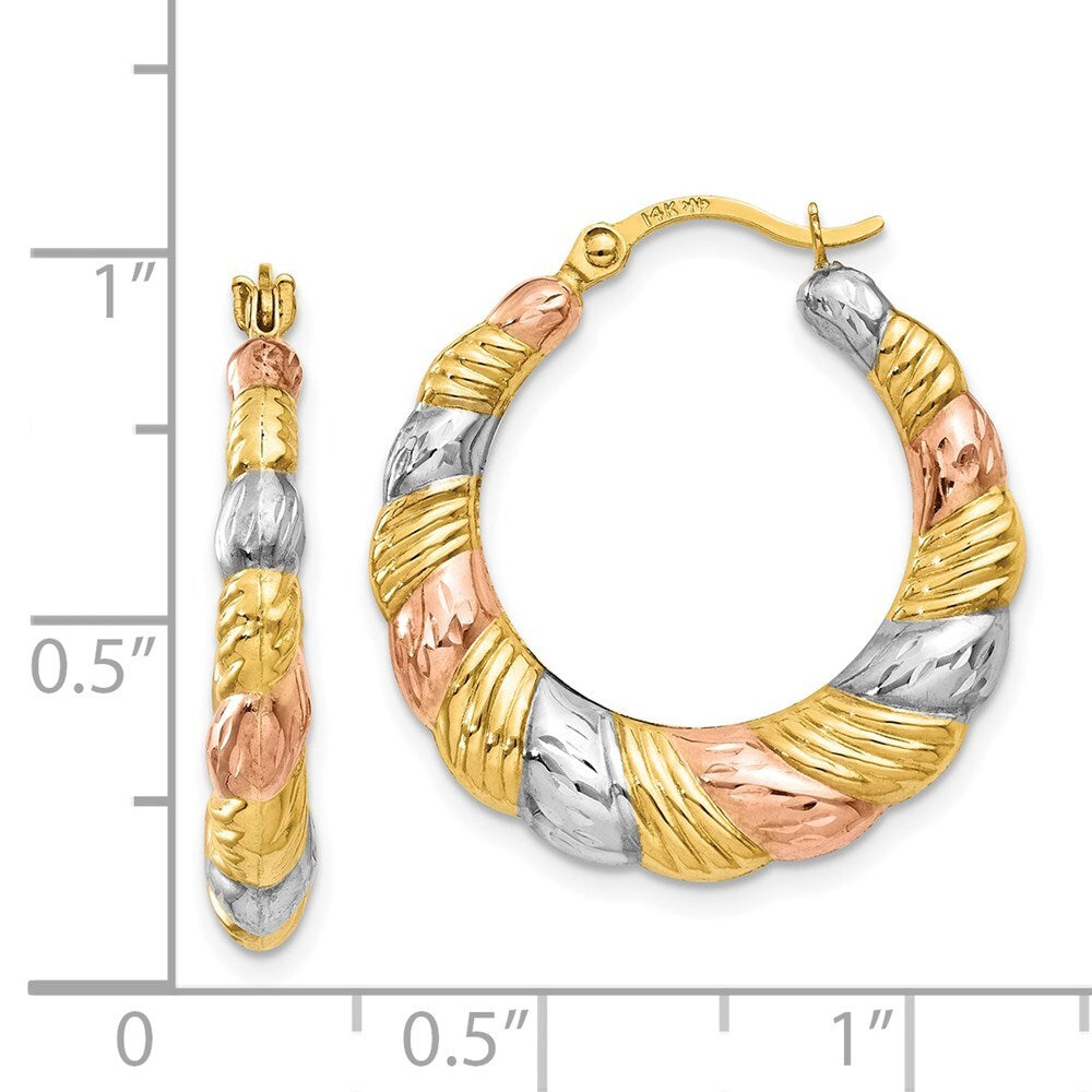 14k Yellow Gold & White and Rose Rhodium Hollow Scalloped Hoop Earrings