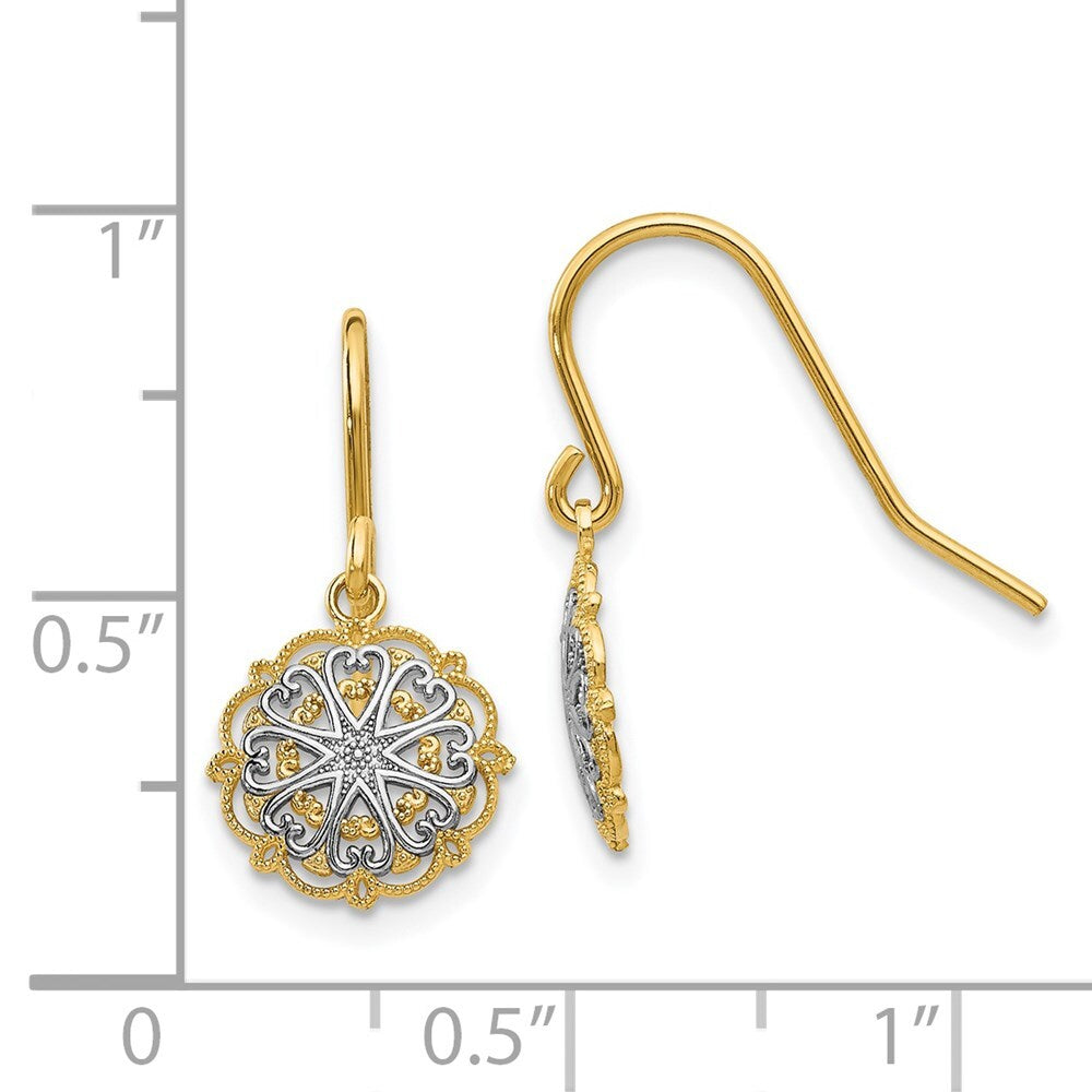14k Yellow Gold & Rhodium Polished and Textured Dangle Earrings Gift for Women
