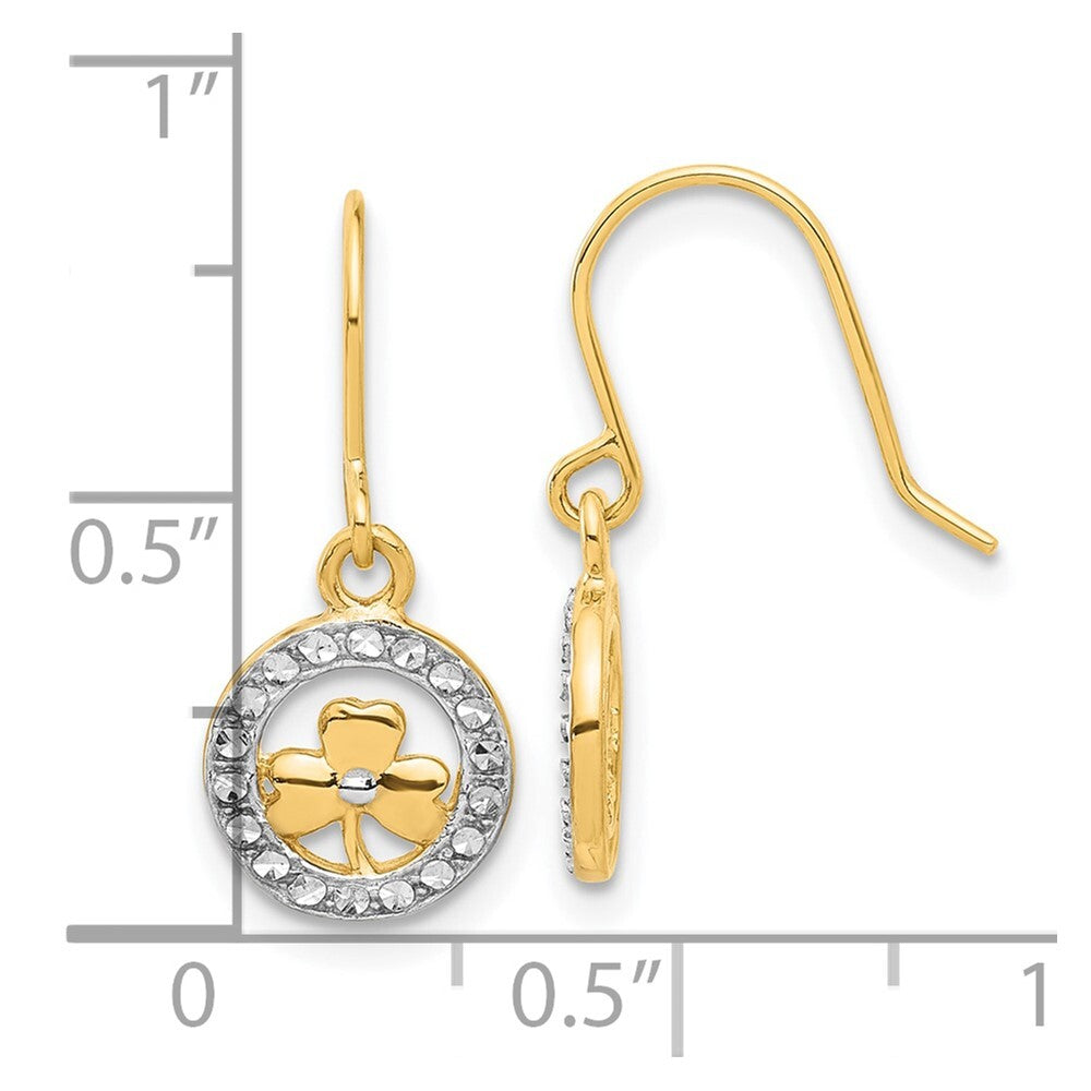 14k Yellow Gold and White Rhodium Diamond-Cut Clover in Circle Dangle Earrings