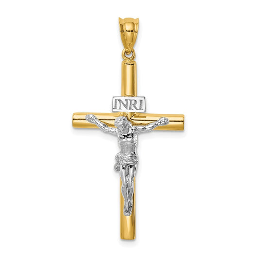 14k Two-tone Gold Polished INRI Crucifix Cross Pendant for Women