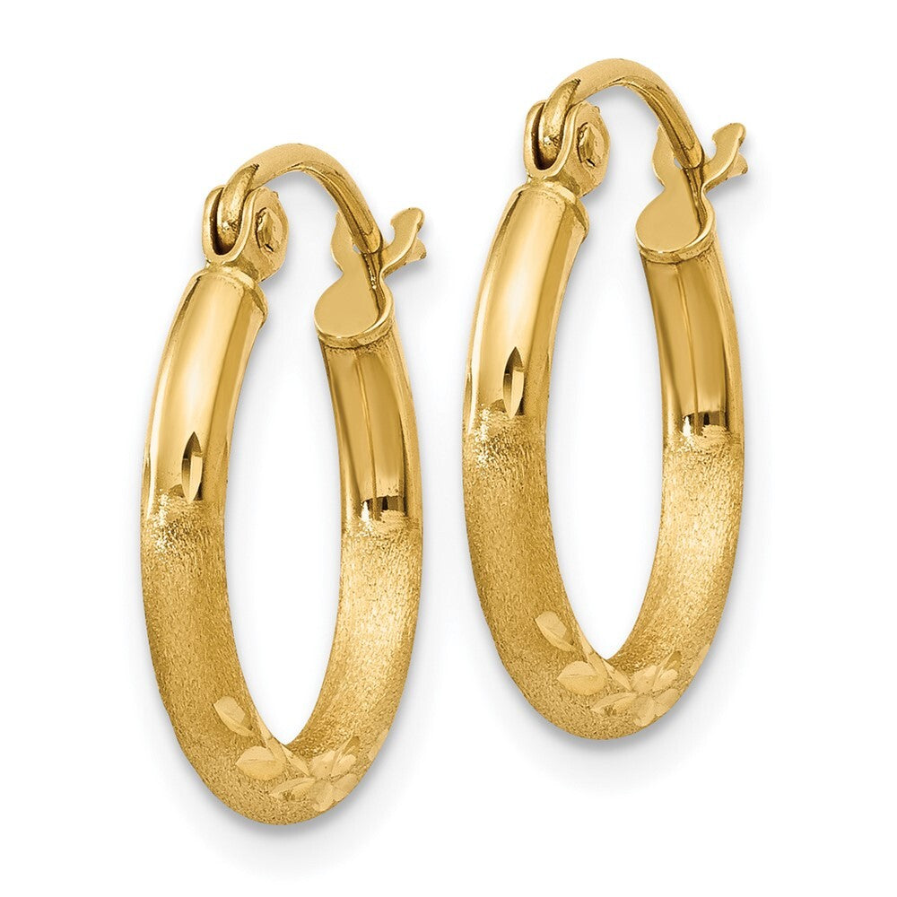 14k Yellow Gold Satin and Diamond-cut 2mm Round Tube Hoop Earrings