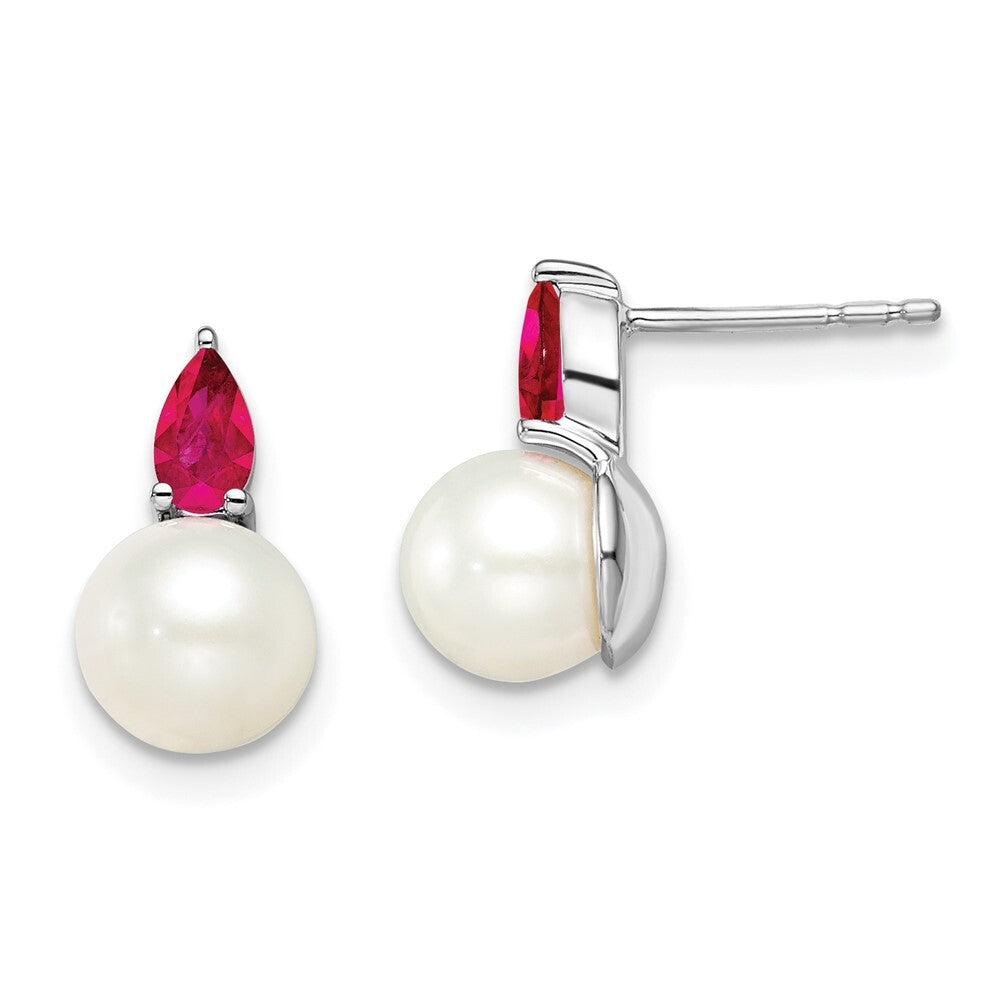 14k White Gold FWC Pearl and Ruby Stud Earrings