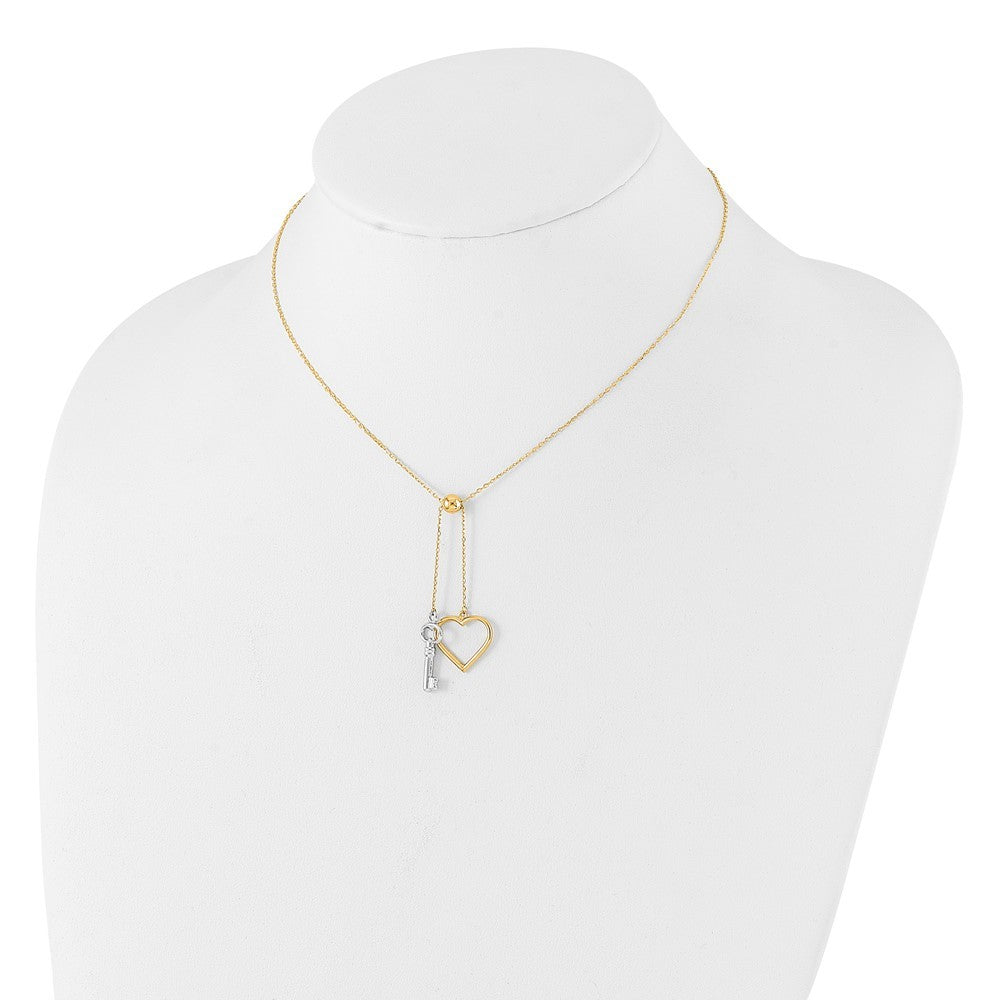 14K Two-tone Polished Adjustable-Dangle Heart and Key 17 inch Lariat Necklace