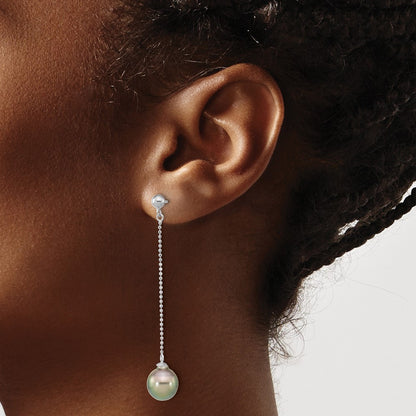 Sterling Silver 9-10mm Black Tahitian Saltwater Cultured Pearl Dangle Earrings