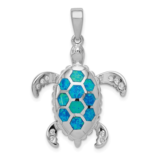 Sterling Silver Created Blue Opal Inlay/Cubic Zirconia Tortoise Pendant