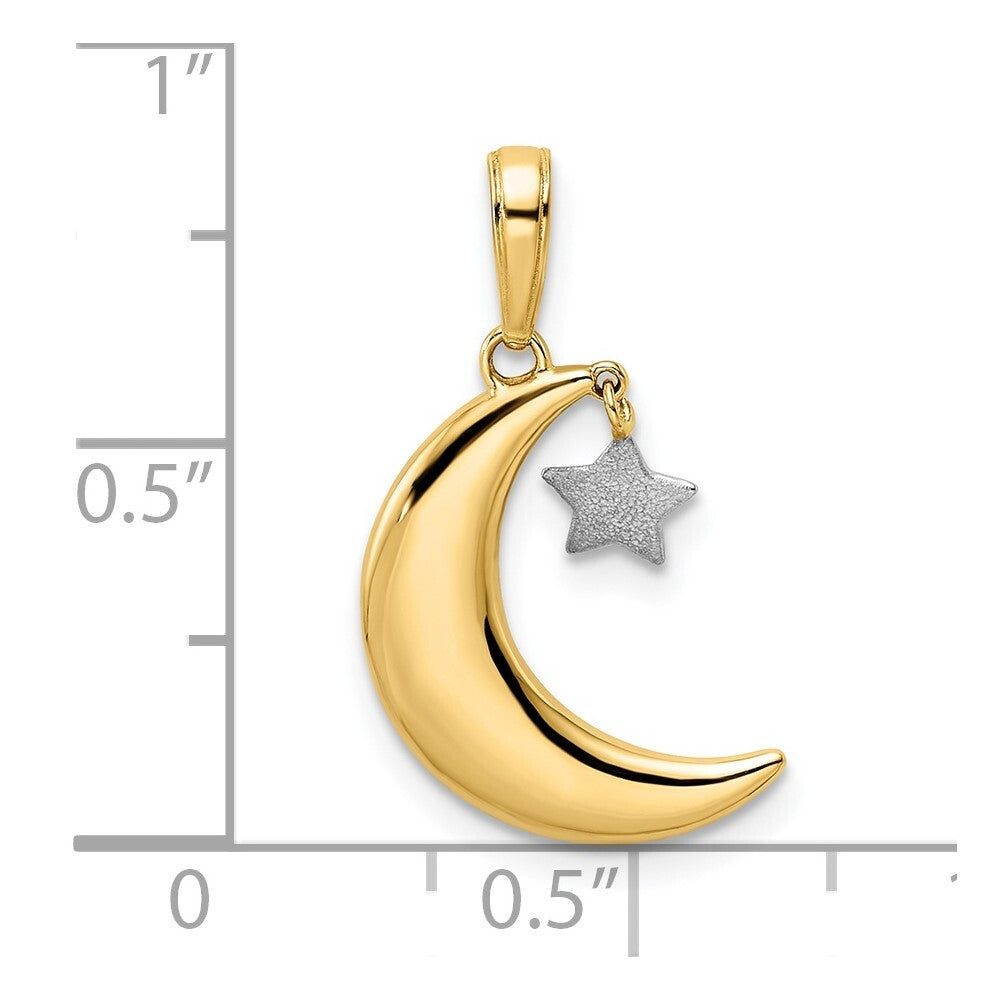 14k Yellow Gold & White Rhodium Moon  Dangle Star Pendant for Women
