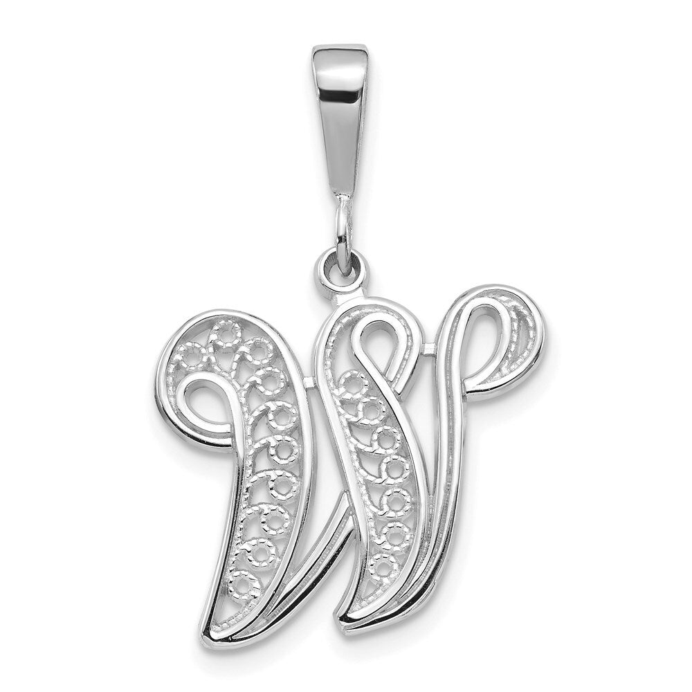 14k White Gold Solid Polished Script Filigree Letter W Initial Pendant for Women