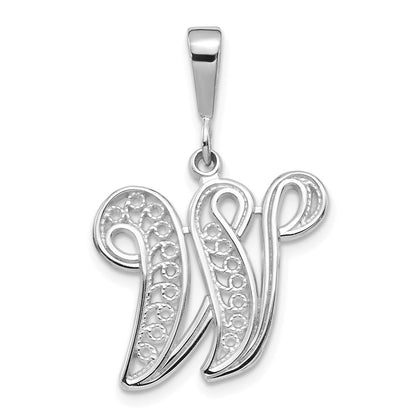14k White Gold Solid Polished Script Filigree Letter W Initial Pendant for Women