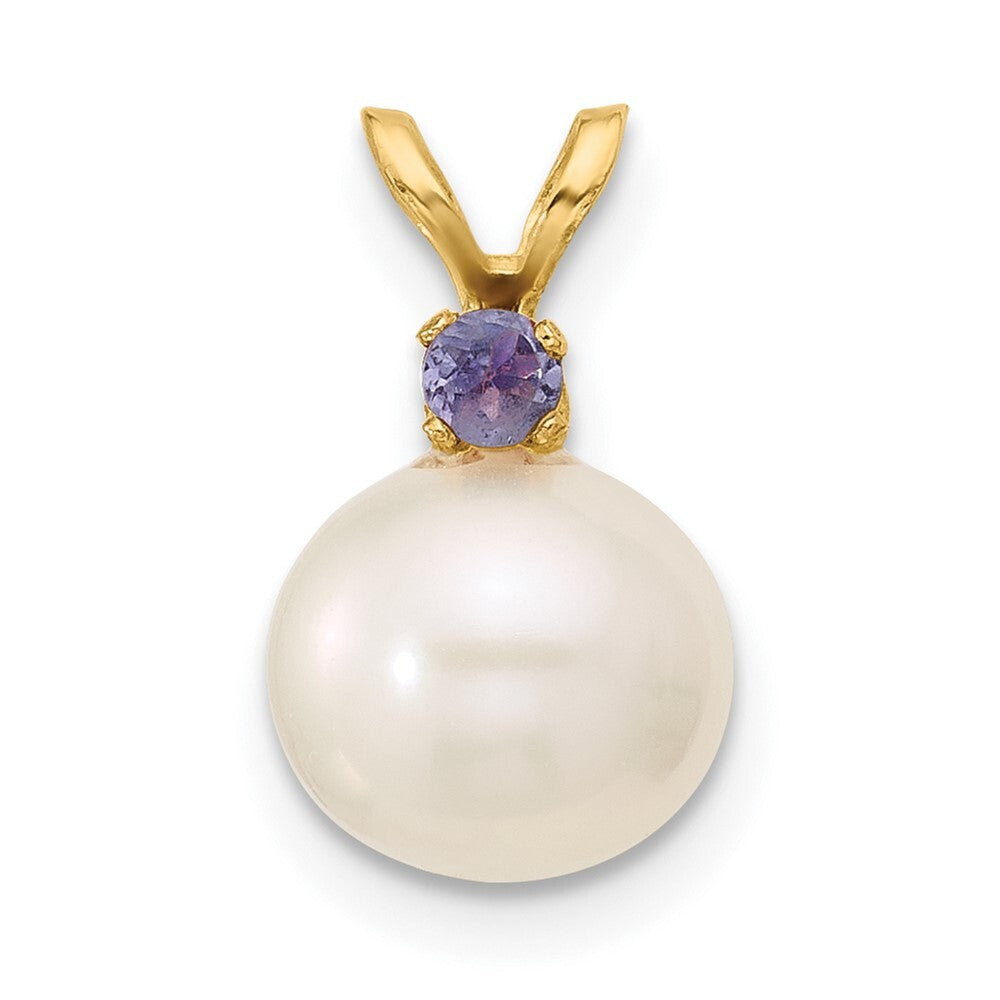 14k Yellow Gold 8-8.5mm White Freshwater Cultured Pearl & Tanzanite Pendant