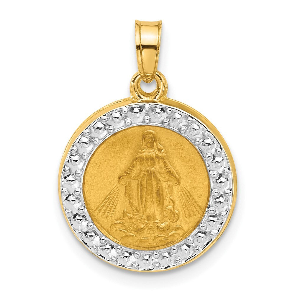 14k Yellow Gold and White Rhodium Hollow Miraculous Mary Plain Back Medal