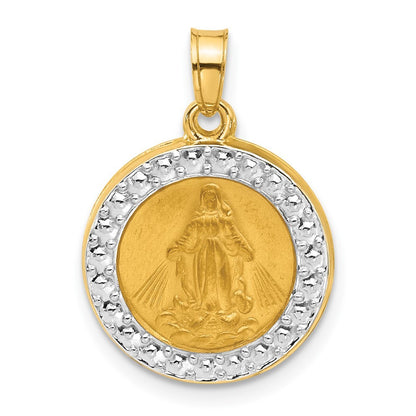 14k Yellow Gold and White Rhodium Hollow Miraculous Mary Plain Back Medal
