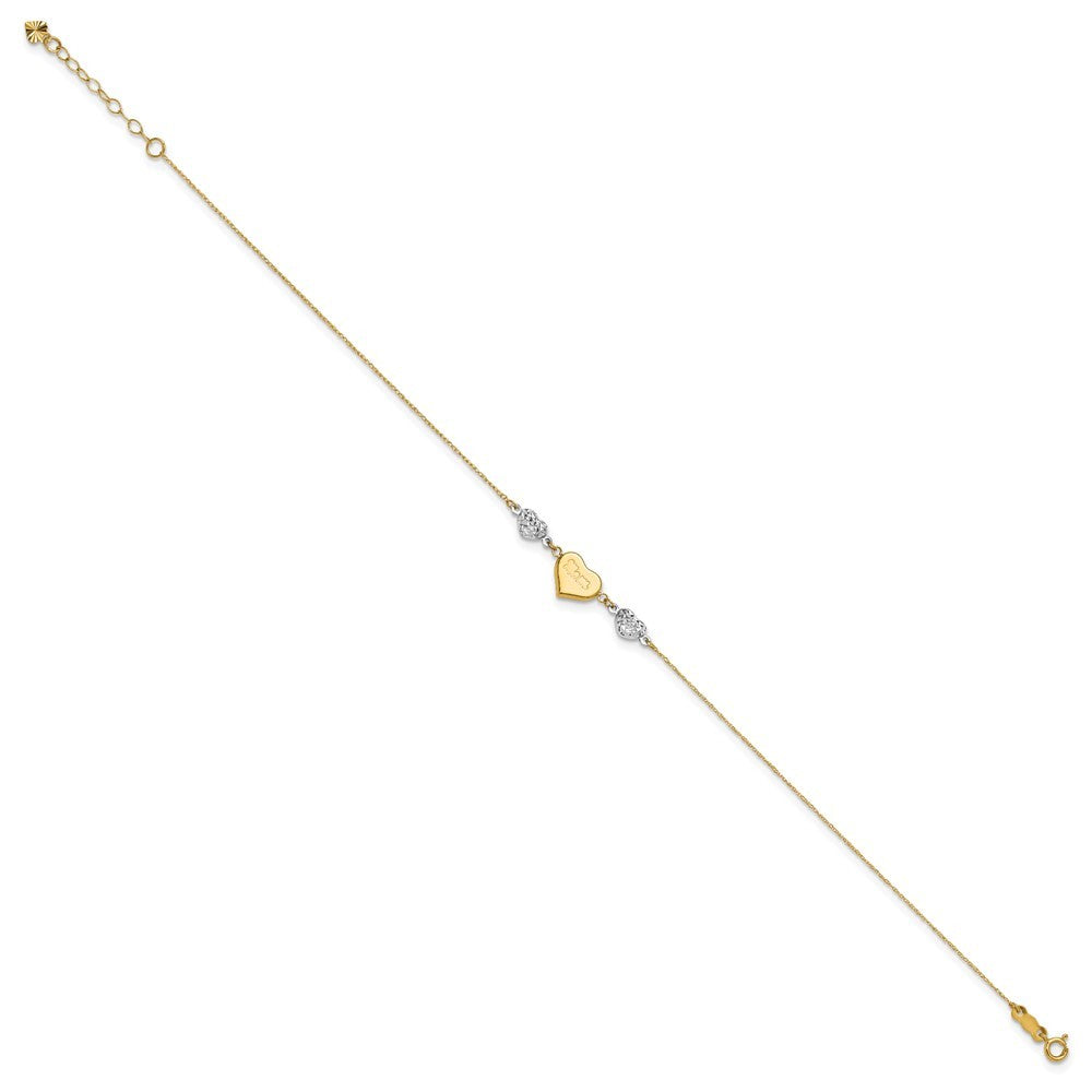 14K Two-tone Diamond-cut and MOM Puffed Heart 10" Anklet