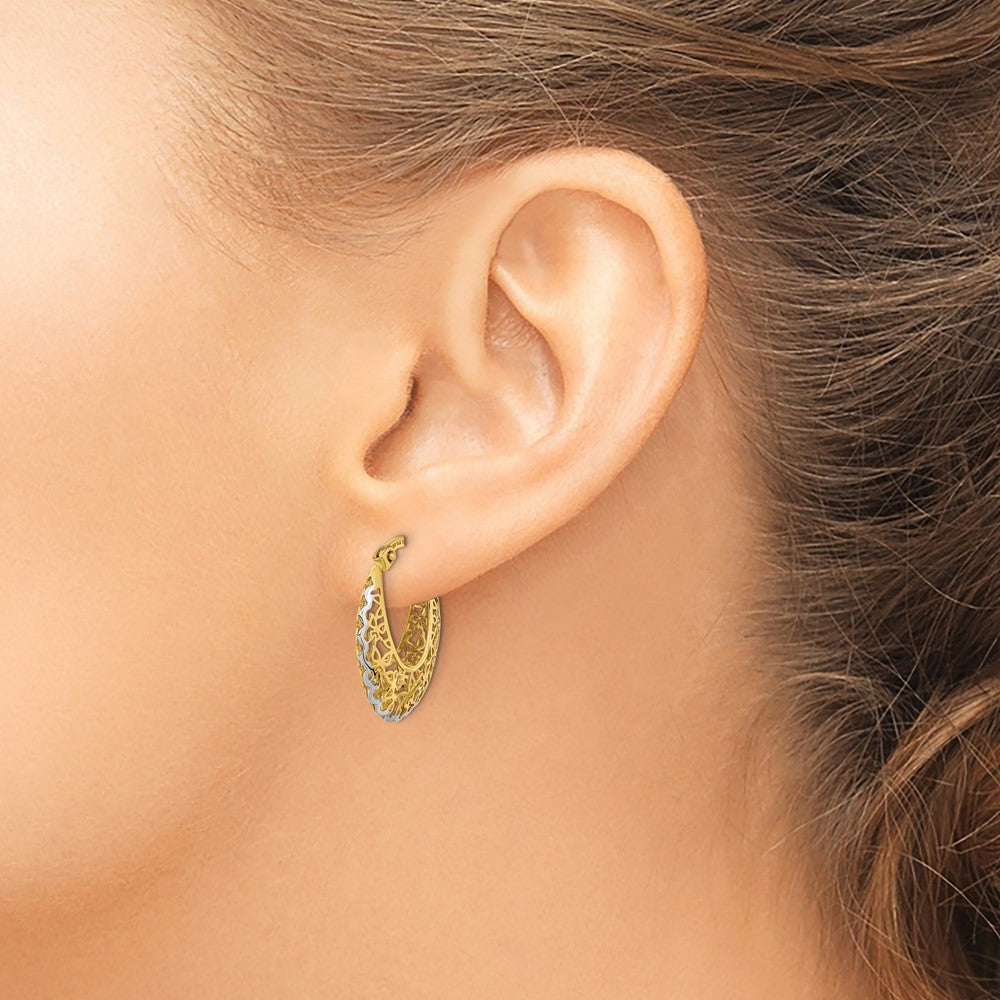 14k Yellow Gold Rhodium-plated Polished Filigree Hoop Earrings