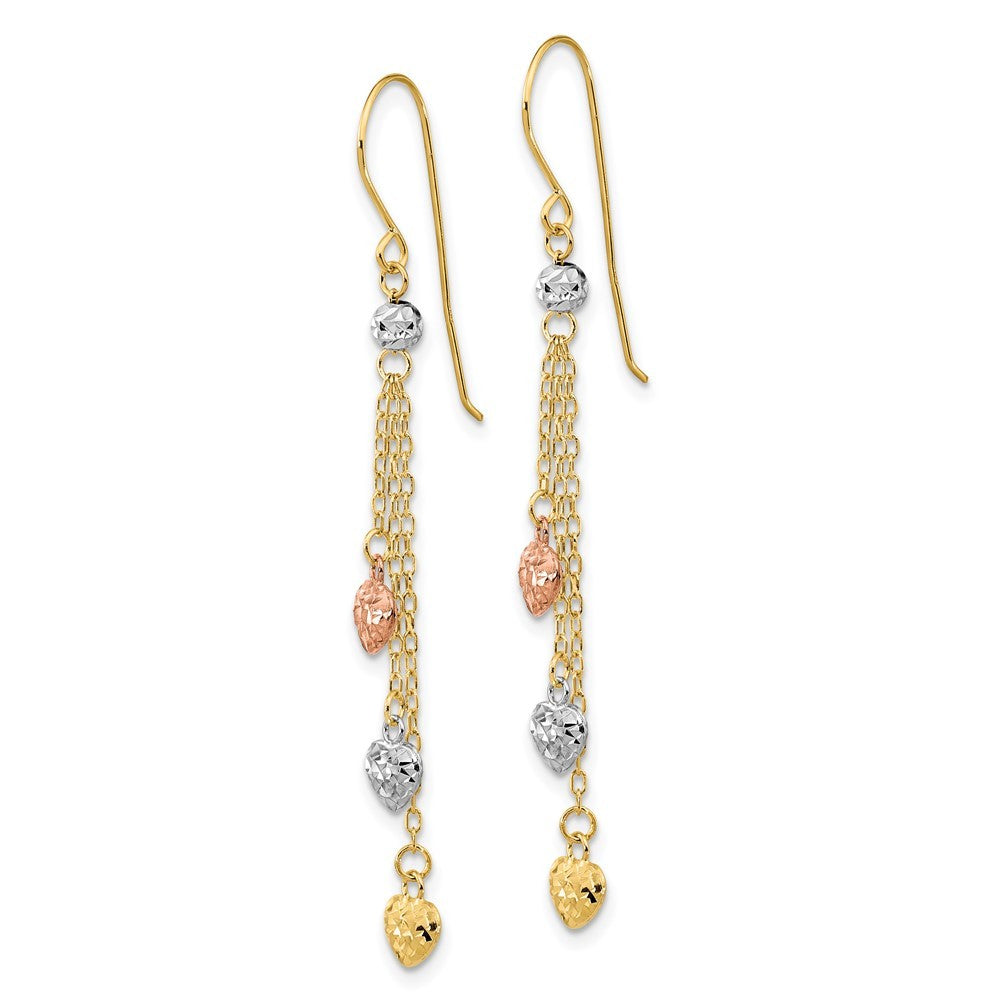 14k Tri-color Diamond-Cut Triple Heart Drop Dangle Earrings w/ Shepherd Hook