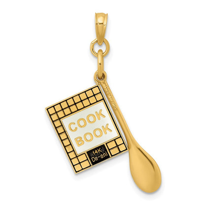 14k Yellow Gold 3-D Cook Book  Black Enamel and Spoon Charm Pendant for Women