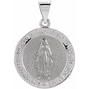 14k White Gold 18 mm Hollow Round Miraculous Medal Pendant