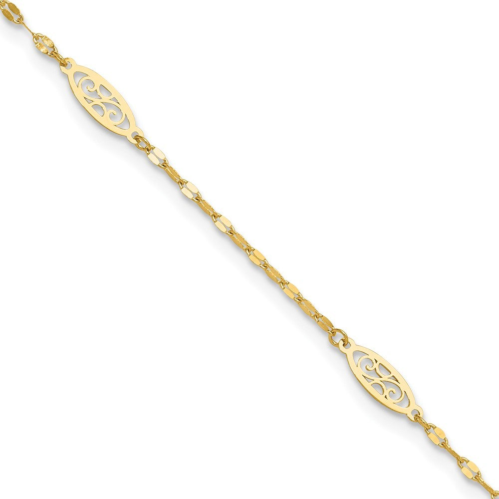 14k Yellow Gold Fancy Filigree Link 5-Station 10" Anklet
