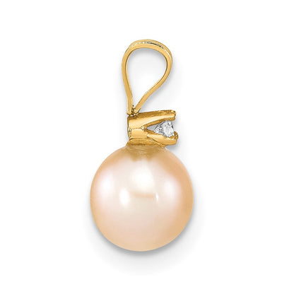 14k Yellow Gold 7mm Pink Round Freshwater Cultured Pearl & Diamond Pendant