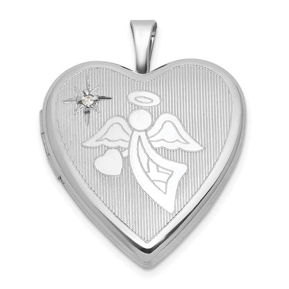 Sterling Silver Brushed And Polished 1/20 Ct Diamond Angel Heart Locket