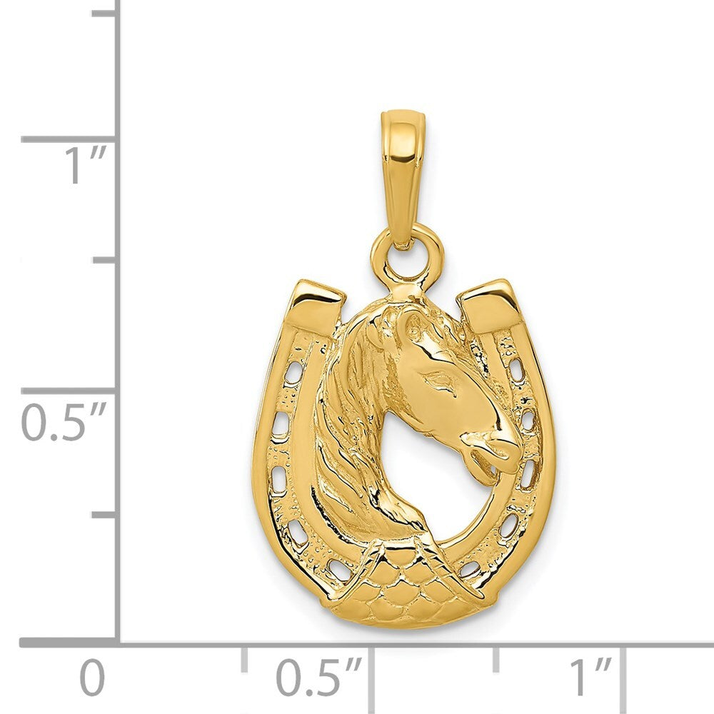 14k Yellow Gold Solid Polished Horse Head in Horseshoe Pendant for Women