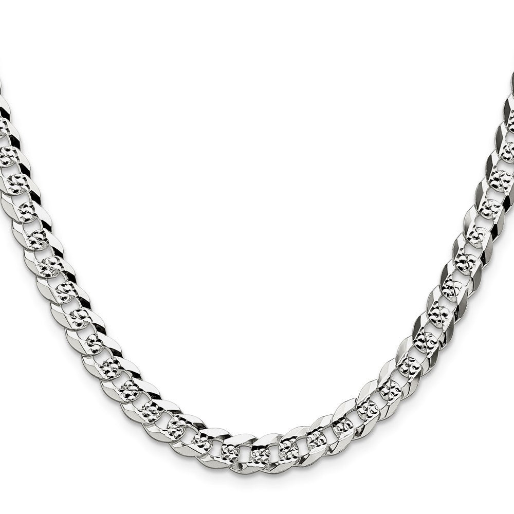 Sterling Silver 6.75mm Flat Diamond-Cut Pave Curb Chain Necklace