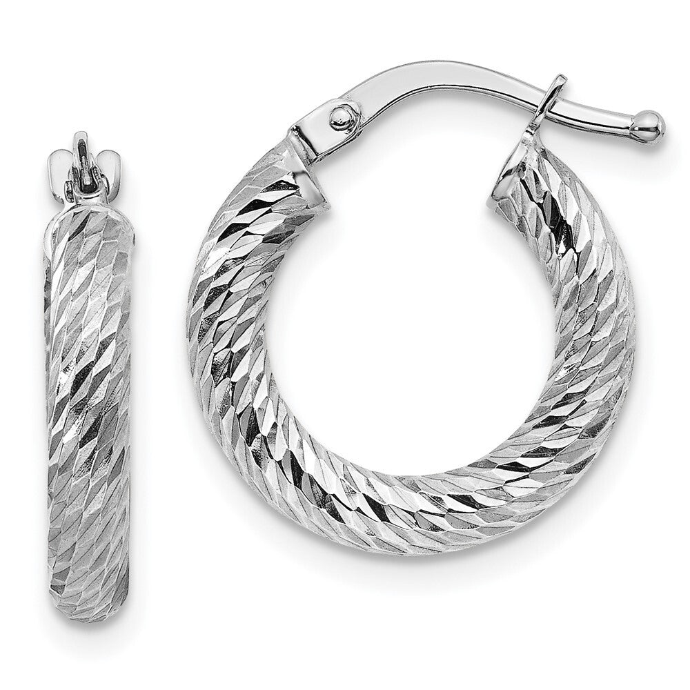 14k White Gold Diamond-cut Round Hoop Earrings Gift for Women