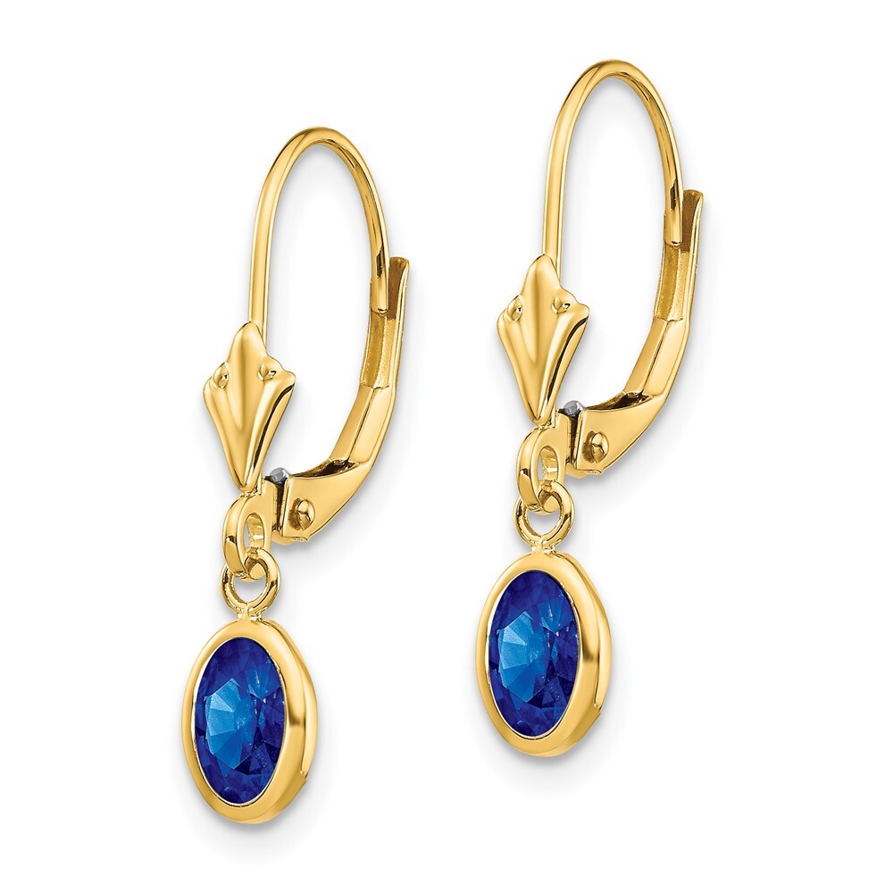 14k Yellow Gold 6x4 Oval Bezel September/Sapphire Dangle Earrings Leverback