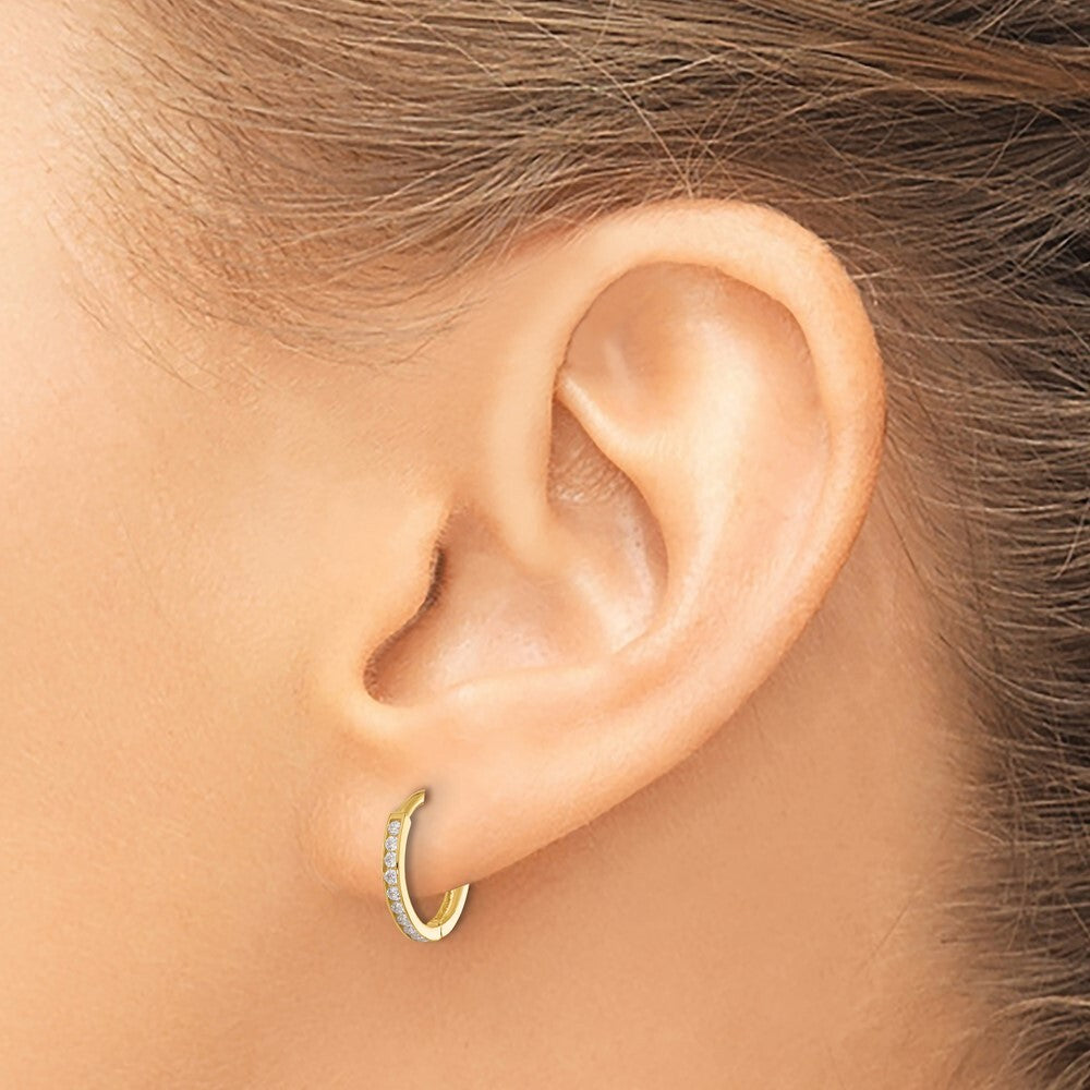 14k Yellow Gold Polished Cubic Zirconia and D/C 1.5mm Huggie Hoop Earrings