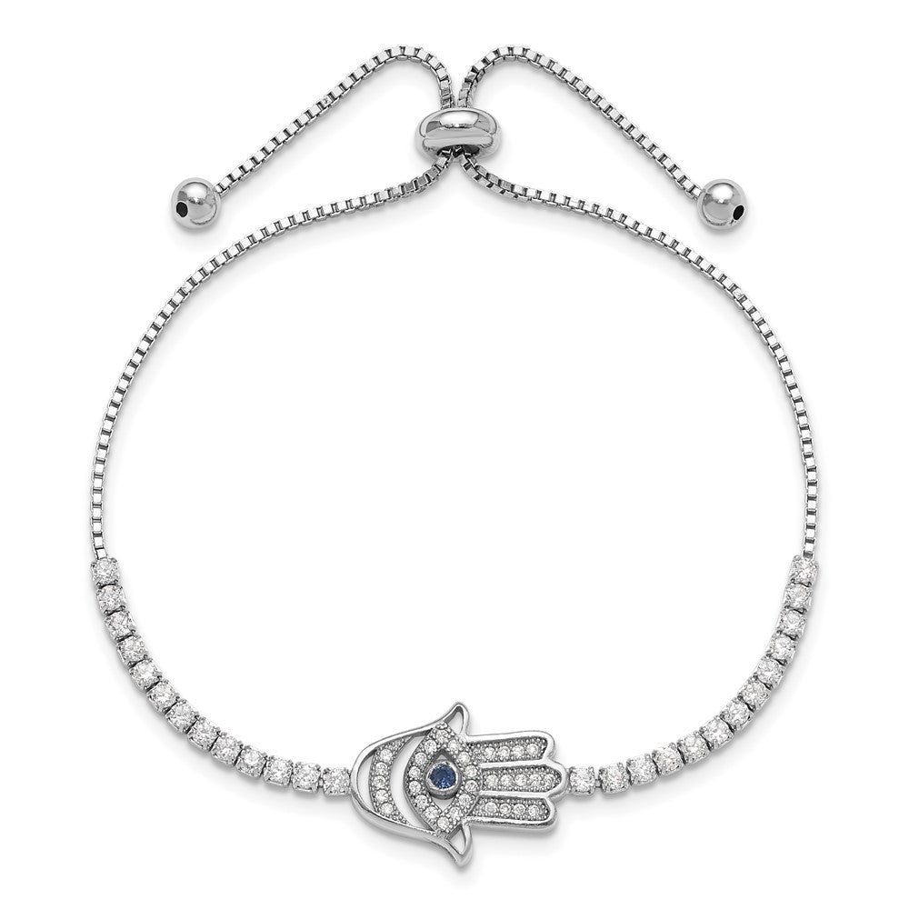Sterling Silver Rh-plated Clear and Blue CZ Evil Eye Hamsa Adj Bracelet