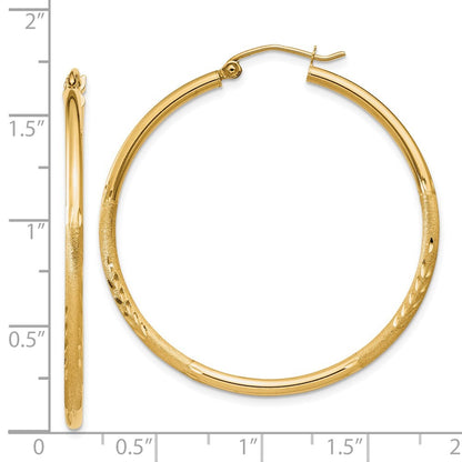 14k Yellow Gold Satin and Diamond-cut 2mm Round Tube Hoop Earrings