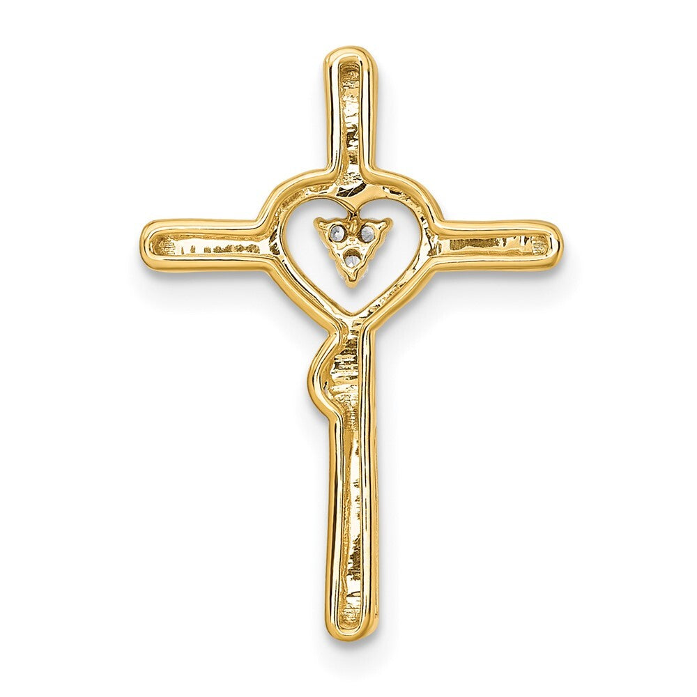 14k Yellow Gold Polished Cross with Heart Diamond Chain Slide Pendant for Women