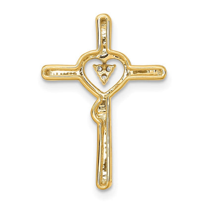 14k Yellow Gold Polished Cross with Heart Diamond Chain Slide Pendant for Women